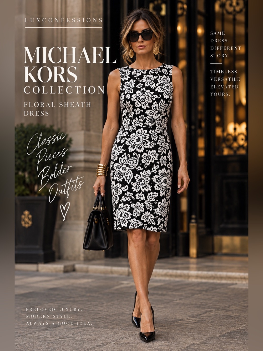 Michael Kors Collection Black White Floral Lace Print Sheath Dress US 4
